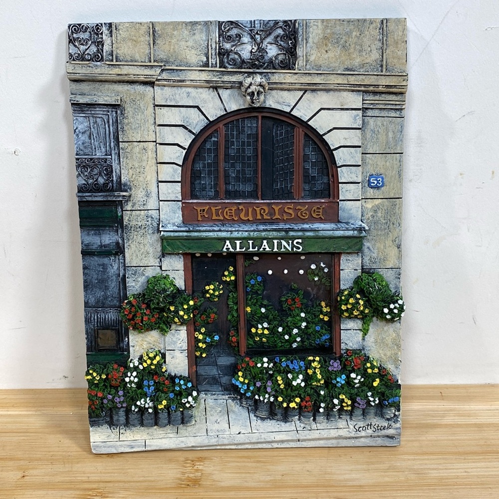 Vintage Scott Steele 3D resin wall art Flower Shop Fleurista Allains plaque 6x8”